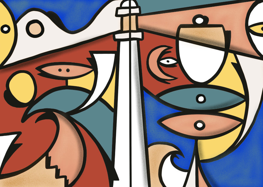 Dyptique « Le Phare » de Nils Inne – phare stylisé de Biarritz, peinture acrylique sur toile, couleurs vives, océan et lumière – Refuge Chromatique