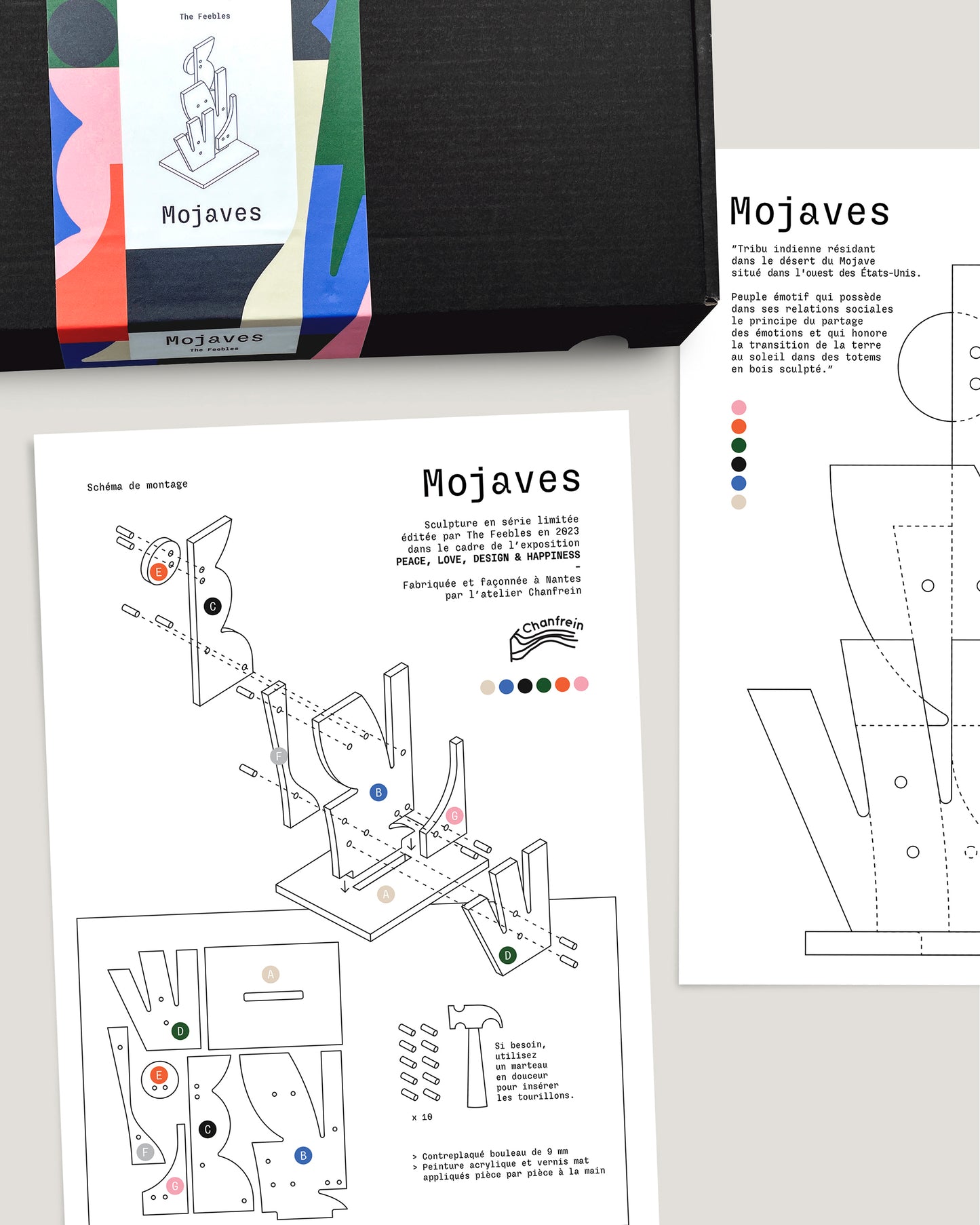 Packaging et notice de la sculpture Mojaves par The Feebles, édition limitée, kit à monter