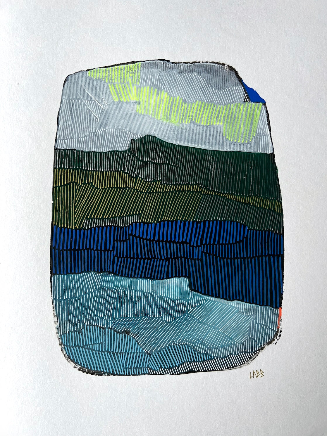 Œuvre “Stratotype 4” de LABB – peinture sur papier à dessin, huile, Posca et crayon, encadrée bois 30x40 cm.