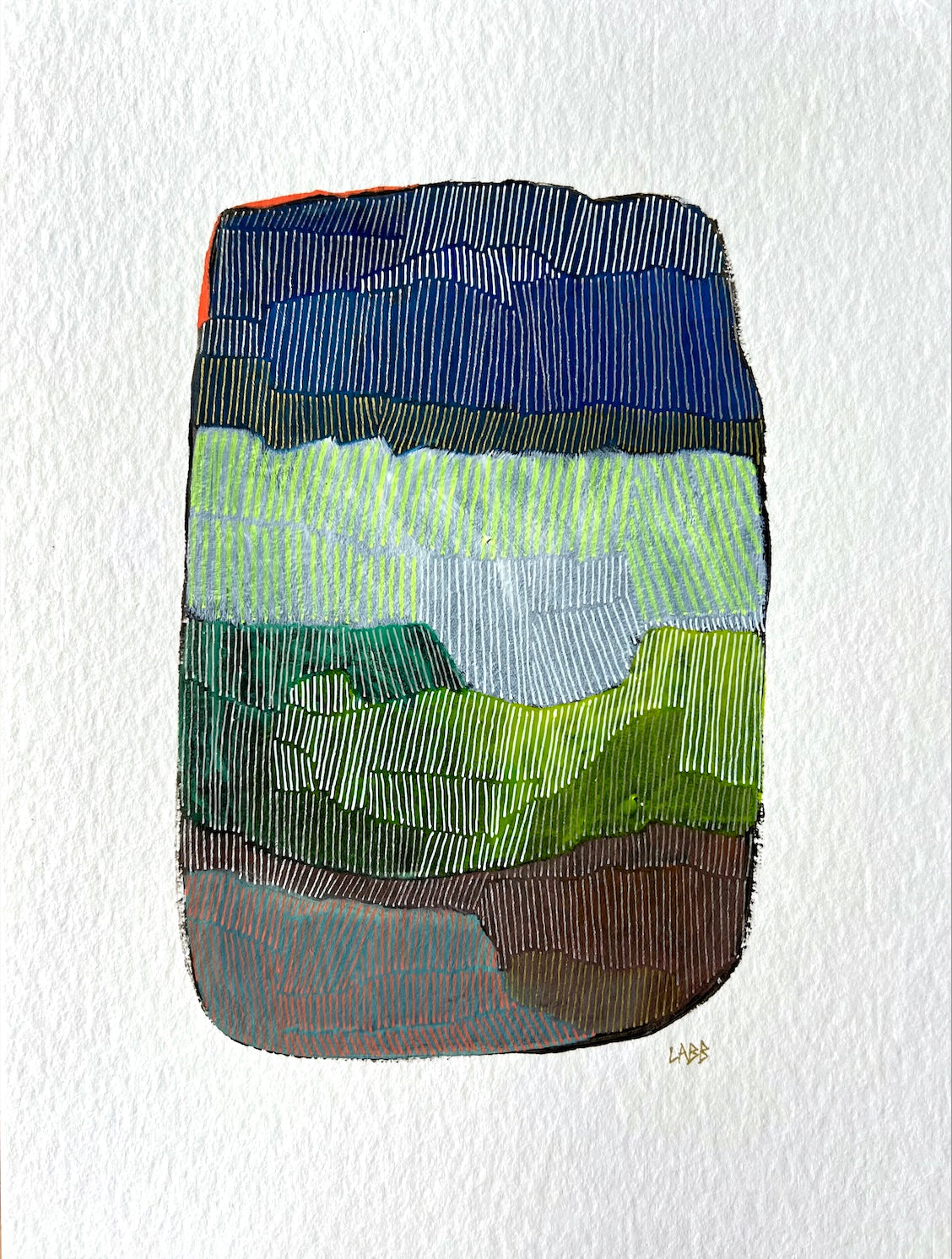 Stratotype 3, œuvre de LABB réalisée sur papier avec huile, Posca et crayon, 24x32cm, encadrée bois 30x40cm.