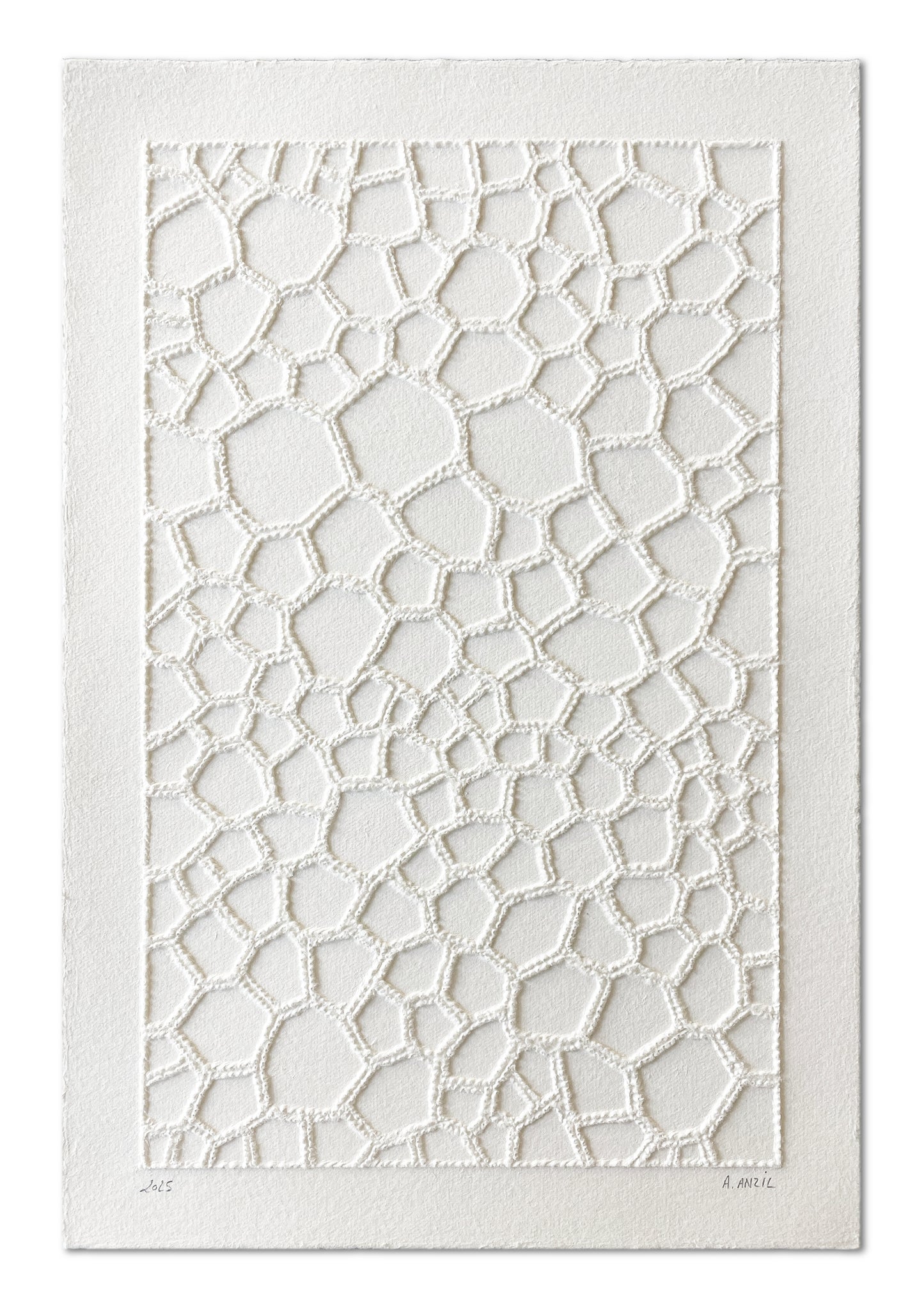 Œuvre « Assur » d’Antonin Anzil, pointe sèche sur papier d’Arches, 20x30 cm, 2025.