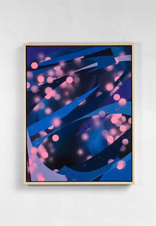 Peinture originale Aubriette de The Feebles – abstraction organique bleue et touches lumineuses roses.