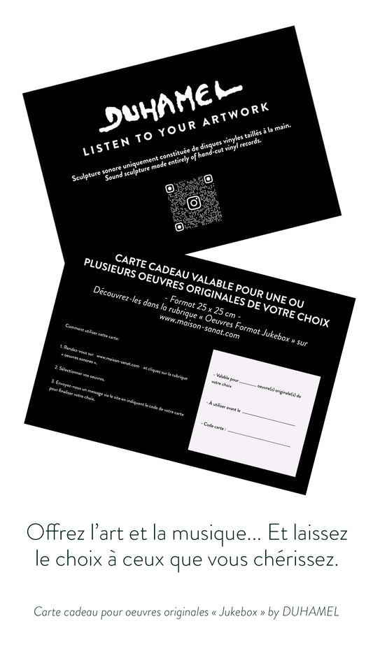 Carte cadeau Maison Sanat pour œuvres sonores sculptées en vinyle par Duhamel, avec playlist Spotify intégrée.