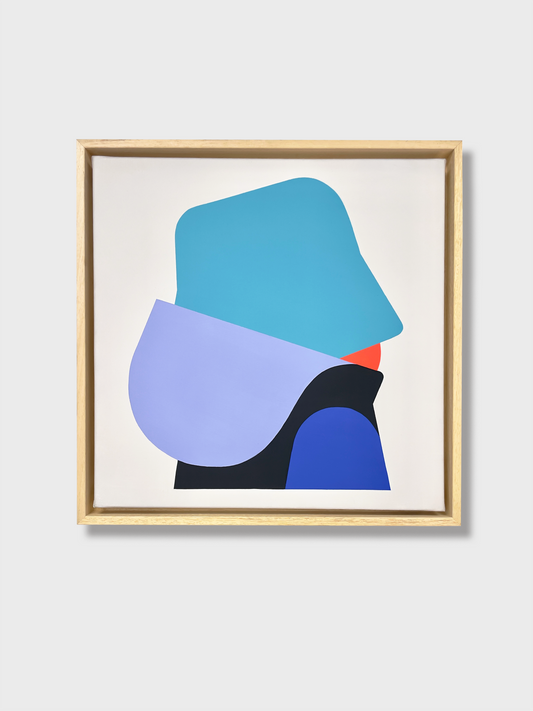 Peinture abstraite contemporaine de Jérôme Masi avec formes superposées en dégradés de bleu, noir et blanc sur fond clair