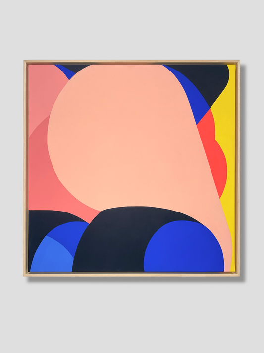 Peinture abstraite contemporaine de Jérôme Masi avec formes organiques et couleurs bleu, rose, jaune et noir