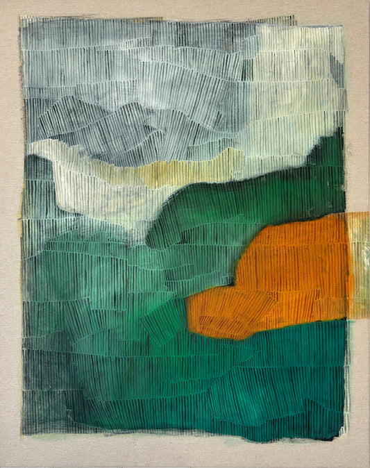 Peinture abstraite de LABB intitulée Roussillon, aux couleurs vert émeraude et orange vif, réalisée sur toile brute.