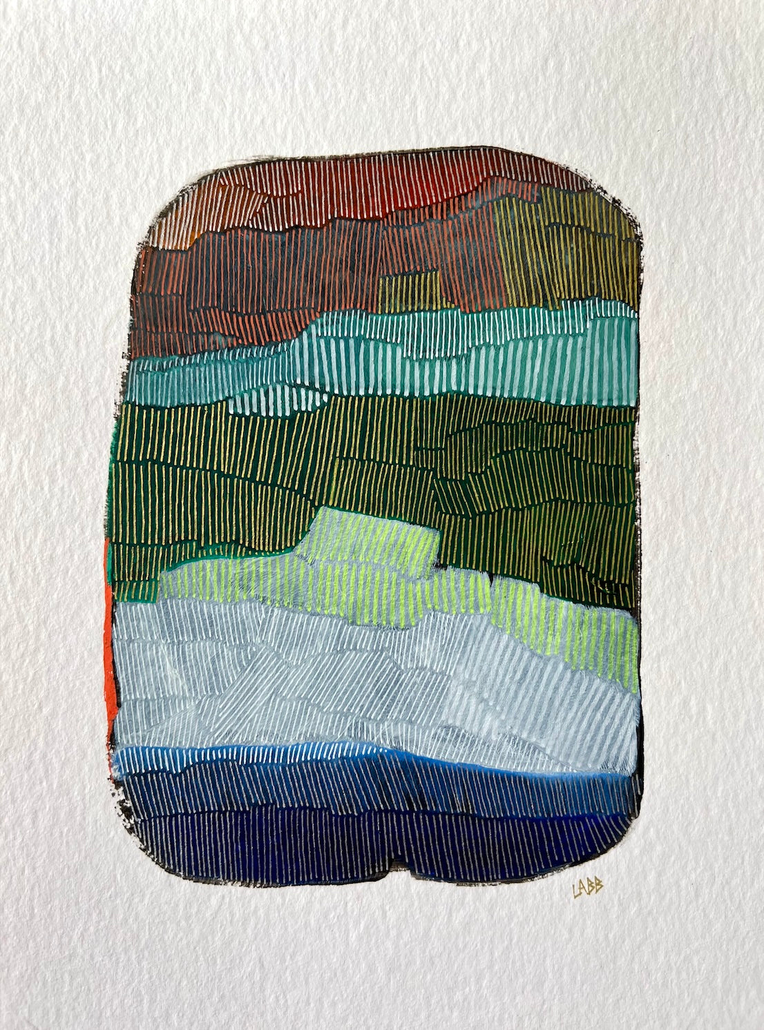 Stratotype 1, œuvre originale de LABB sur papier à dessin, réalisée à l’huile, au Posca et au crayon, aux motifs géologiques abstraits.