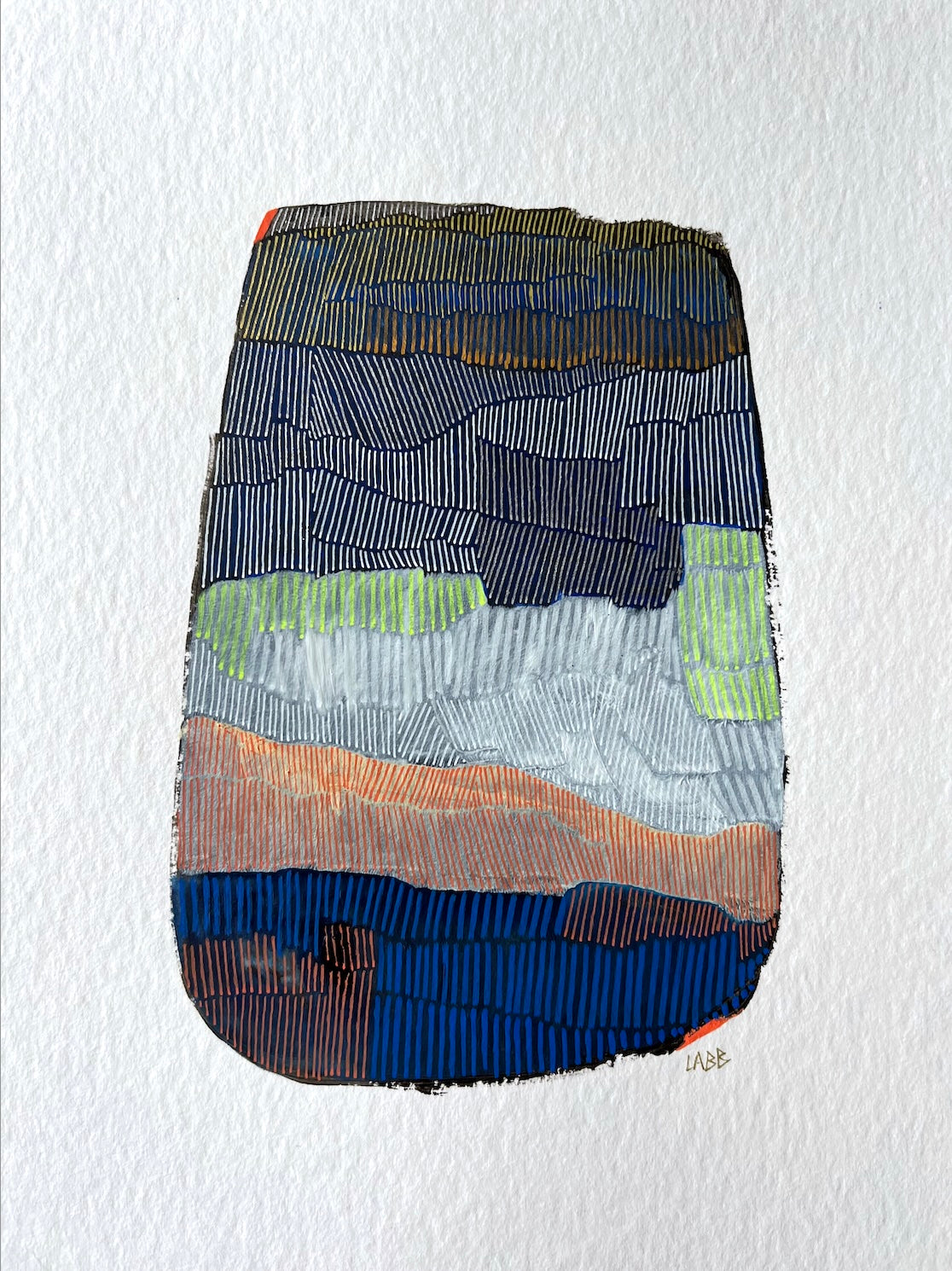 Stratotype 2, œuvre originale de LABB, sur papier à dessin 24x32 cm, réalisée à l’huile, au Posca et au crayon, encadrée bois.