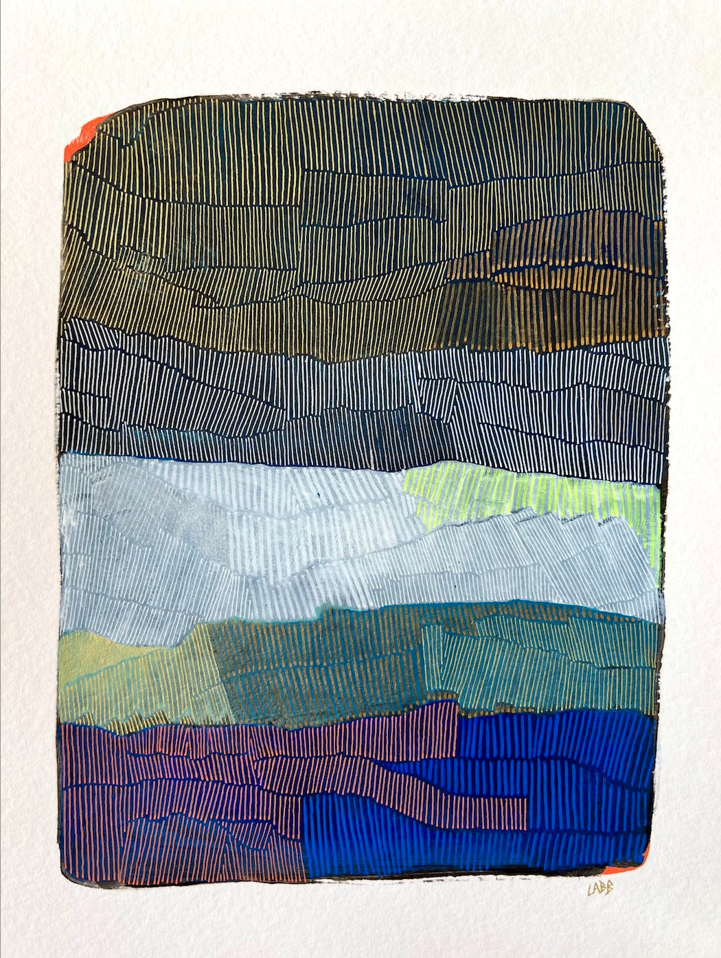  Stratovision 1, œuvre unique de LABB sur papier à dessin, réalisée à l’huile, au Posca et au crayon, encadrée bois 40x50 cm.