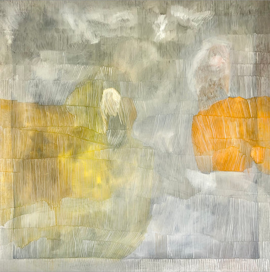 Peinture contemporaine originale “SUN BEHIND THE RAIN” par LABB, acrylique sur toile 100x100 cm.