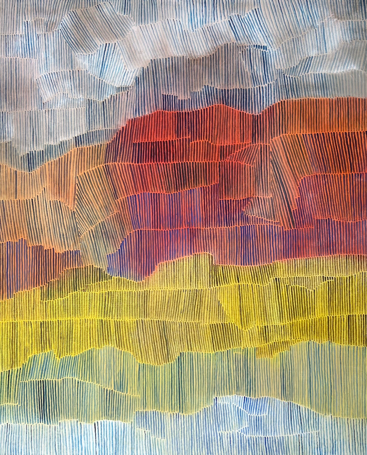 Peinture contemporaine abstraite Sunset de LABB aux teintes chaudes jaune, rouge, orange et bleues, exposée chez Maison Sanat.