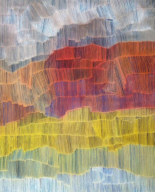 Peinture contemporaine abstraite Sunset de LABB aux teintes chaudes jaune, rouge, orange et bleues, exposée chez Maison Sanat.