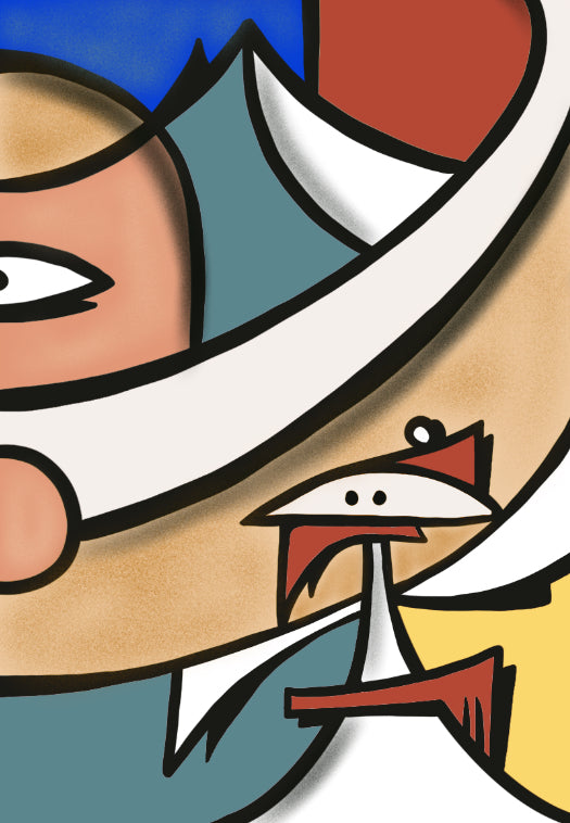 Peinture « Festayre » de Nils Inne – personnage stylisé au foulard rouge dans un univers festif – série Refuge Chromatique – galerie Maison Sanat