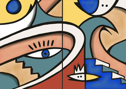 Tableau « Le Chemin » de Nils Inne – peinture acrylique colorée avec symboles et escaliers – 100x140 cm – série Refuge Chromatique – galerie Maison Sanat