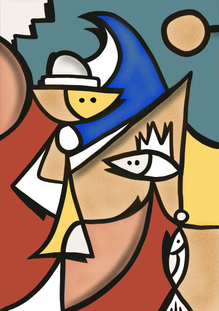 Peinture acrylique « Le Pêcheur » de Nils Inne – style géométrique coloré, silhouette de pêcheur stylisé, mer et barque – Refuge Chromatique