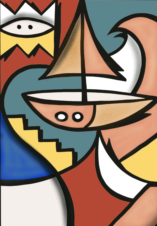 Tableau « Le Voilier » de Nils Inne – voilier stylisé sur mer abstraite en aplats colorés – série Refuge Chromatique – galerie Maison Sanat