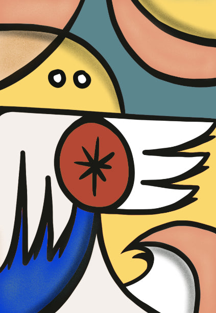 Œuvre de Nils Inne intitulée « L’Oiseau Protecteur » – style graphique coloré et symbolique – figure d’oiseau stylisé avec aile blanche et symbole central étoilé