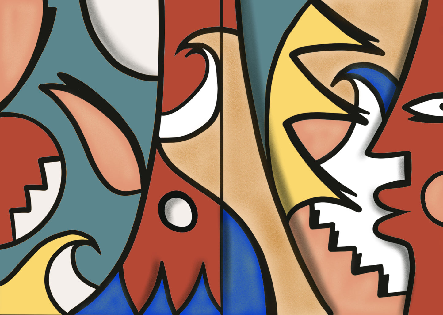 Diptyque coloré de Nils Inne représentant des visages stylisés, des formes marines et des motifs symboliques dans un style graphique épuré.