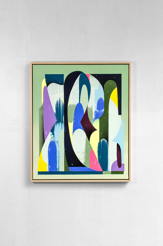 Peinture abstraite Pistache Cerise Noire  par The Feebles, acrylique et Aérographe sur toile, couleurs vert, violet, bleu et jaune, Galerie Maison Sanat