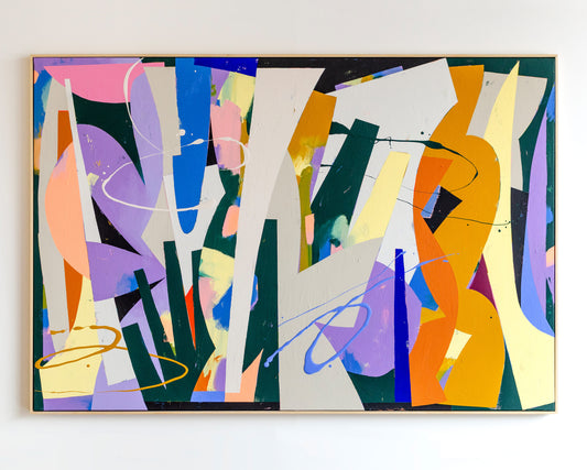Peinture abstraite contemporaine Postérité par The Feebles, acrylique sur bois, 195 x 130 cm, couleurs orange, violet, bleu et vert, Galerie Maison Sanat.