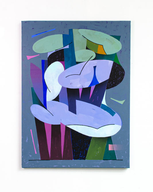 Peinture abstraite Dernier Coucher par The Feebles, acrylique, pastel et Aérographe sur toile, couleurs bleu, vert et violet, Galerie Maison Sanat, Île de Ré