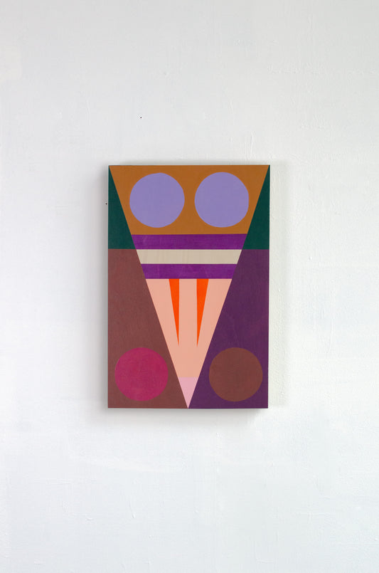 Peinture abstraite géométrique Pavillon 04 par The Feebles, acrylique sur bois, couleurs violet, orange et rose, Galerie Maison Sanat, Île de Ré