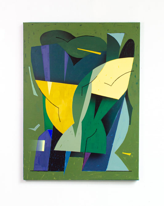 Peinture abstraite Premier Lever par The Feebles, acrylique, pastel et Aérographe sur toile, tons verts, jaunes et bleus, Galerie Maison Sanat, Île de Ré
