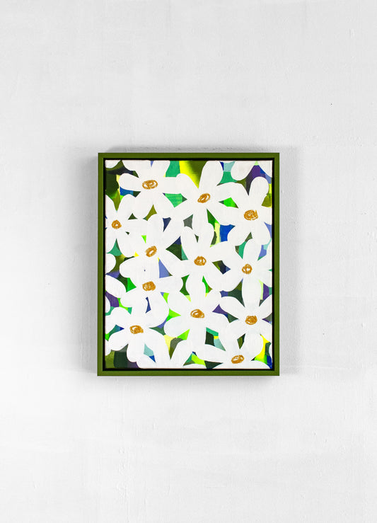 Peinture Petit Attachement #1 – The Feebles – fleurs blanches sur fond vert, bleu et jaune – Maison Sanat.