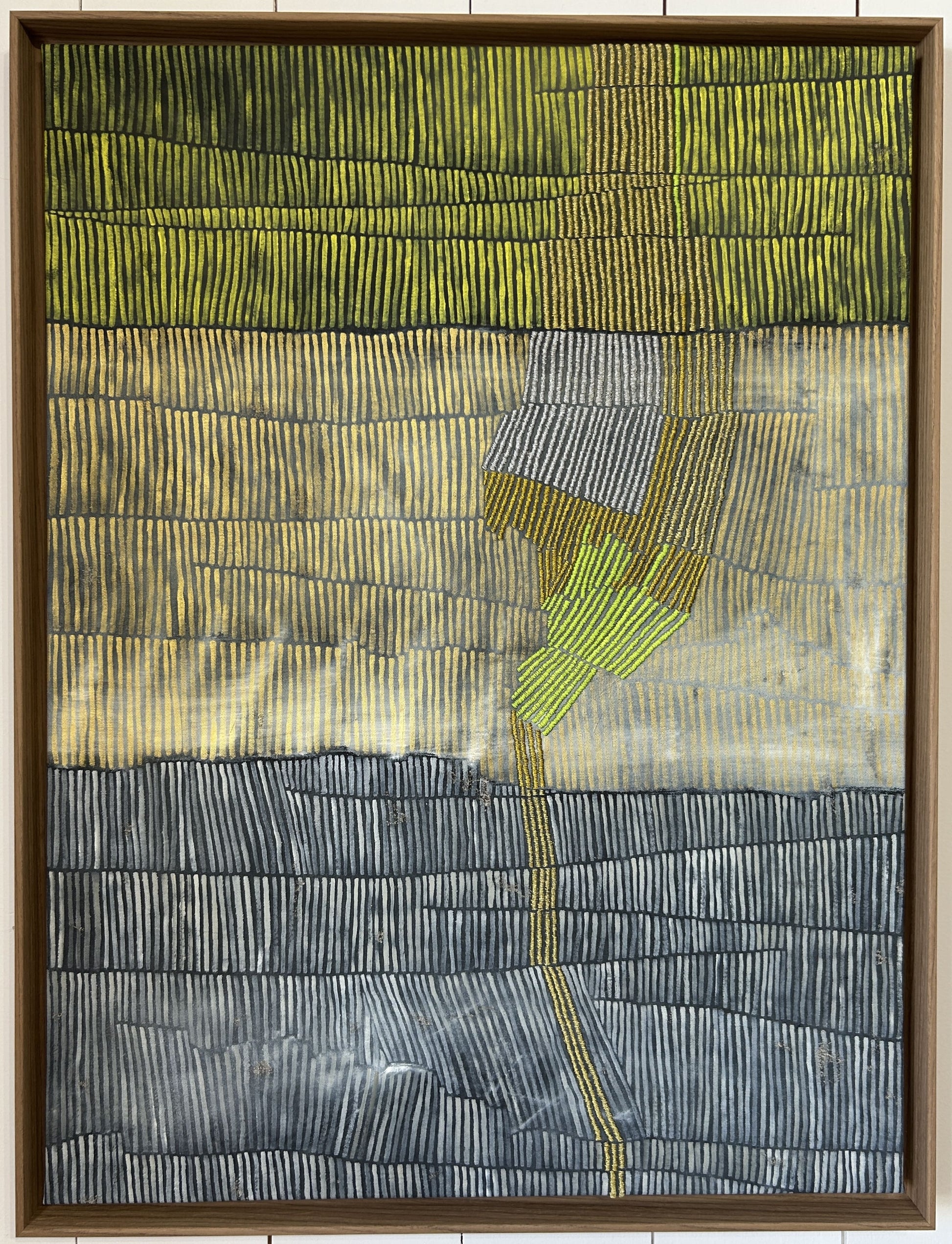 Toile contemporaine signée LABB – composition graphique en strates aux teintes vertes, jaunes et grises