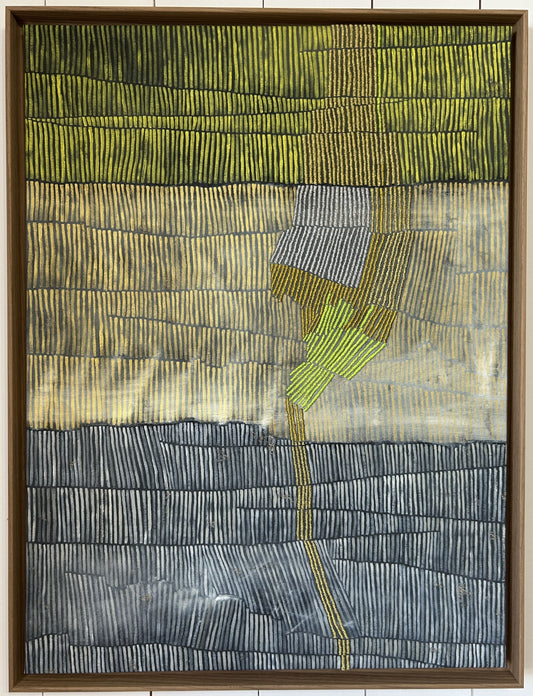 Toile contemporaine signée LABB – composition graphique en strates aux teintes vertes, jaunes et grises